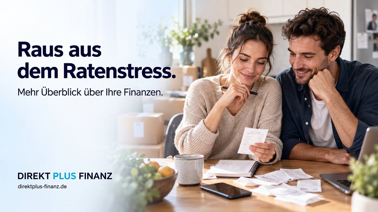 Direkt Plus Finanz Bewertung: Paar sortiert am Küchentisch Rechnungen – raus aus dem Ratenstress